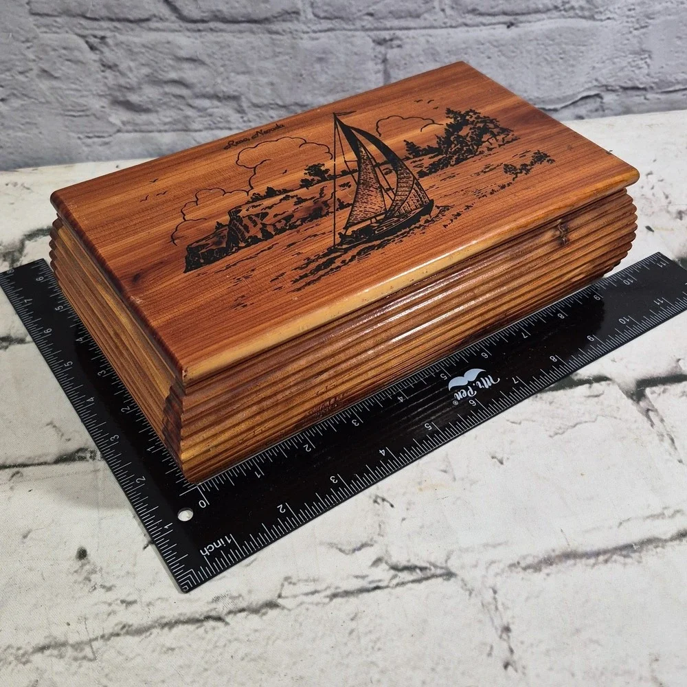 Vintage Cedar Wood Keepsake Trinket Box Sailboat Scene‎ Reno Nevada